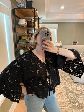 Free People Black Crochet Tie-Front Bell Sleeve Blouse